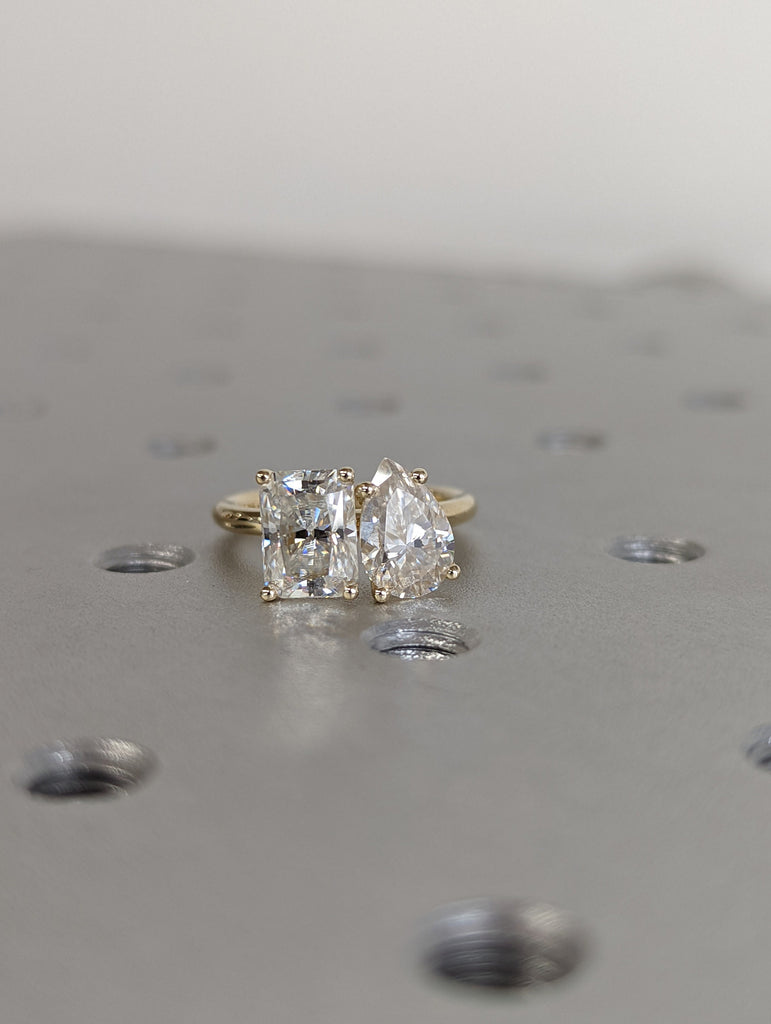 1.5 Carat Double Stone Engagement Ring Pear Cut and Radiant Cut Moissanite Two Stone Wedding Ring 14K White Yellow Rose Gold