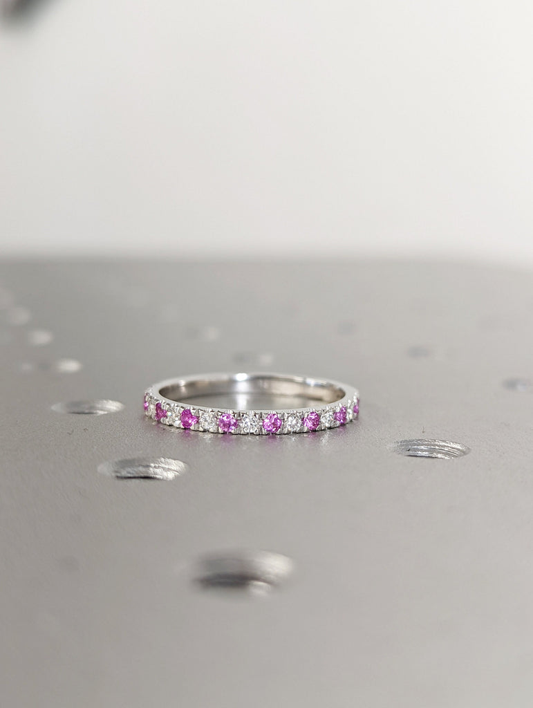 Pink Sapphire and Diamond Ring, 18K Gold Natural Diamond Sapphire Band, Micro Pave Wedding Band, Half Eternity Stackable Band, Gift for Her