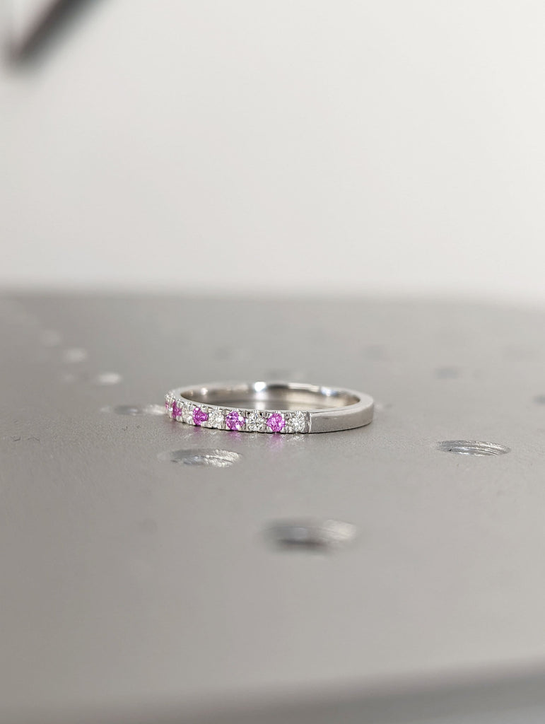 Pink Sapphire and Diamond Ring, 18K Gold Natural Diamond Sapphire Band, Micro Pave Wedding Band, Half Eternity Stackable Band, Gift for Her