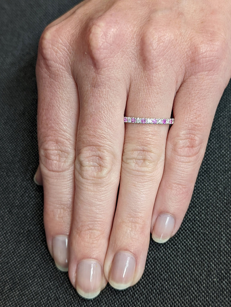 Pink Sapphire and Diamond Ring, 18K Gold Natural Diamond Sapphire Band, Micro Pave Wedding Band, Half Eternity Stackable Band, Gift for Her