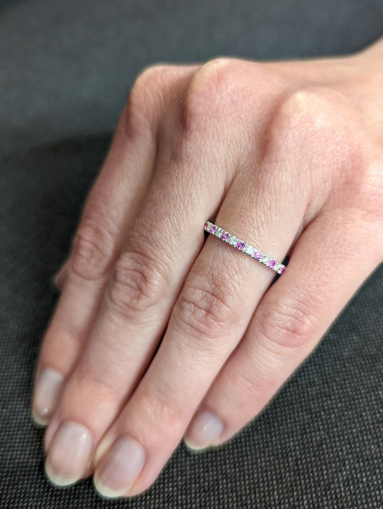 Pink Sapphire and Diamond Ring, 18K Gold Natural Diamond Sapphire Band, Micro Pave Wedding Band, Half Eternity Stackable Band, Gift for Her