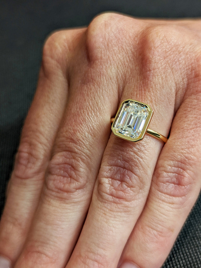 3CT Emerald Cut Moissanite Solitaire Ring, 14K Yellow Gold Engagement Ring, Bezel Setting, Statement Ring, Gift For Her, Bridal Set