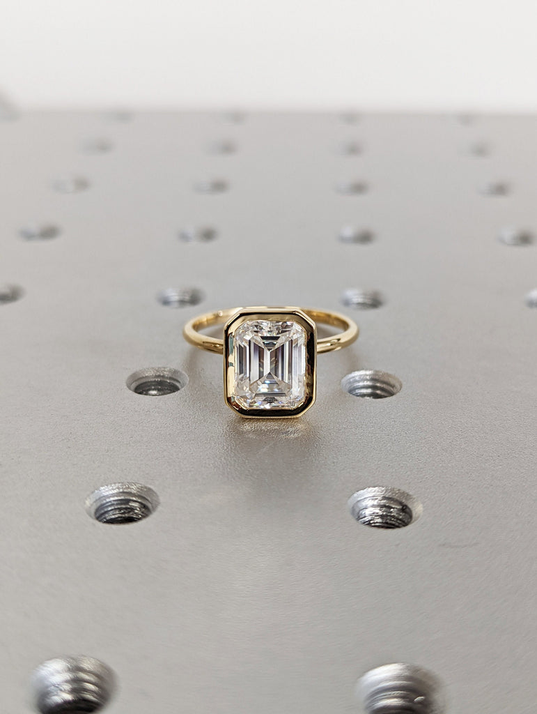 3CT Emerald Cut Moissanite Solitaire Ring, 14K Yellow Gold Engagement Ring, Bezel Setting, Statement Ring, Gift For Her, Bridal Set