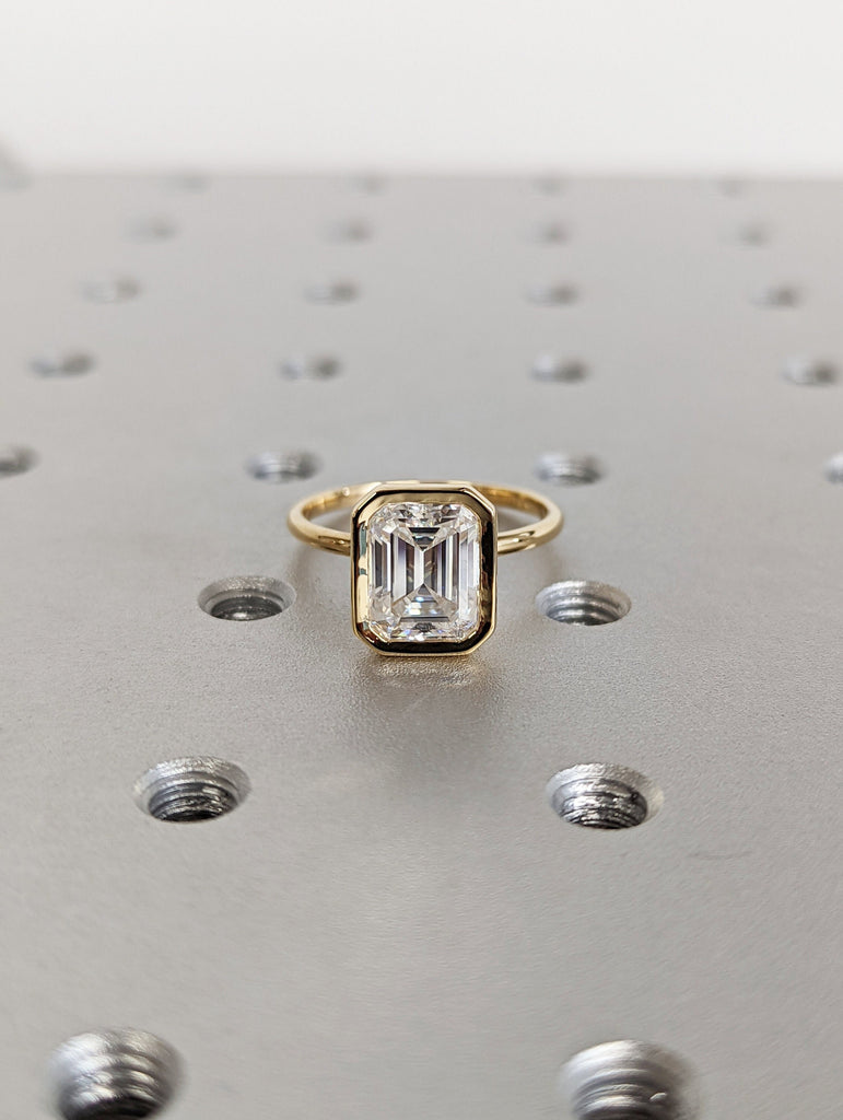 3CT Emerald Cut Moissanite Solitaire Ring, 14K Yellow Gold Engagement Ring, Bezel Setting, Statement Ring, Gift For Her, Bridal Set