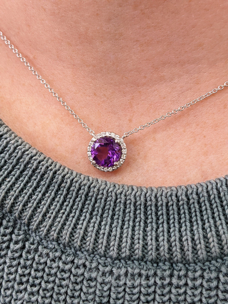 14K White Gold /Round Solitaire Necklace /Round Amethyst and Diamond Necklace /Layering Diamond Necklace /Dainty Diamond Necklace
