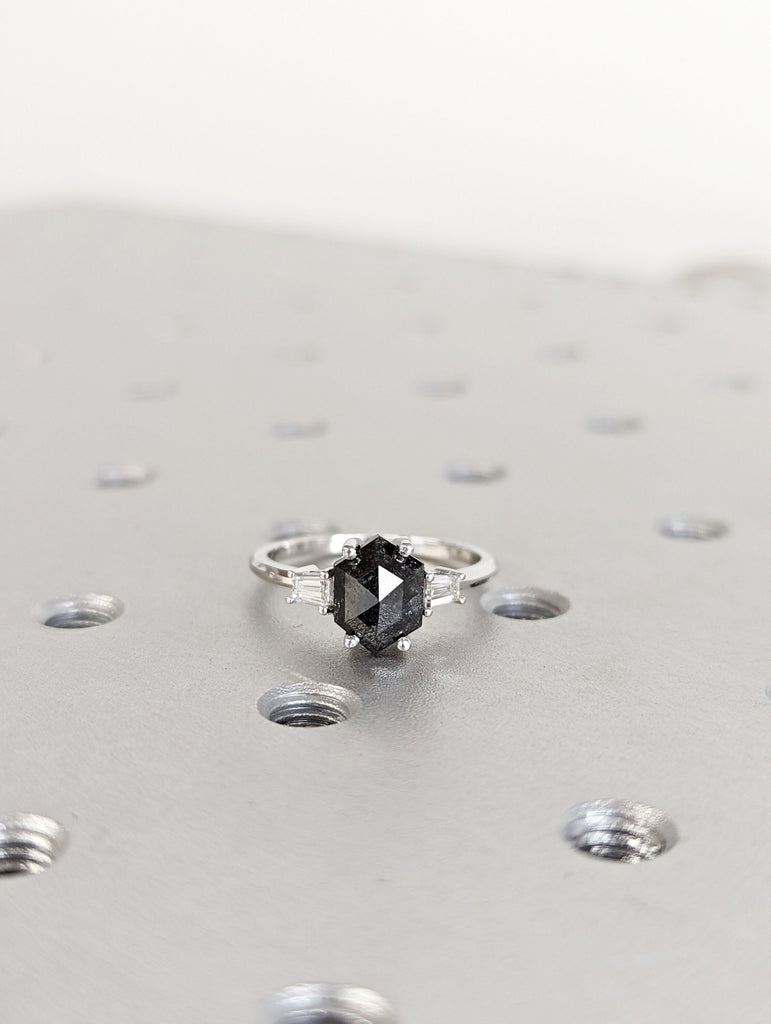 Raw Diamond Hexagon Tapered baguette Diamond, Salt and Pepper, Unique Bridal Engagement, Rose Cut Geometric Diamond Ring, Custom Handmade