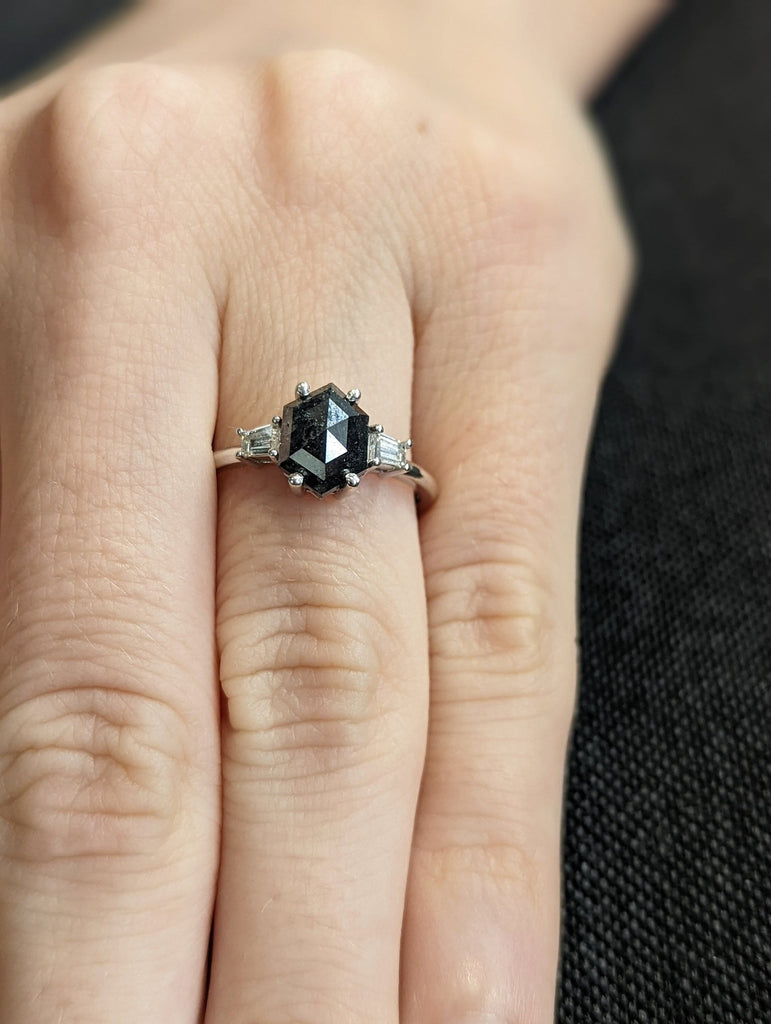 Raw Diamond Hexagon Tapered baguette Diamond, Salt and Pepper, Unique Bridal Engagement, Rose Cut Geometric Diamond Ring, Custom Handmade