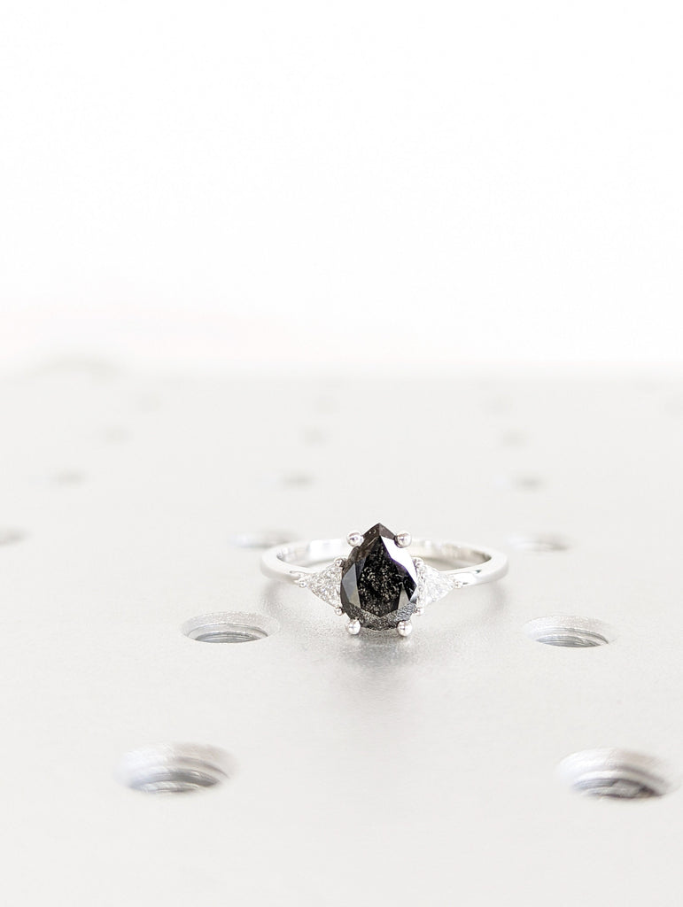 Raw Diamond Pear Triangle Diamond, Salt and Pepper, Plain Unique Bridal Engagement Set, Rose Cut Geometric Diamond Ring, Custom Handmade