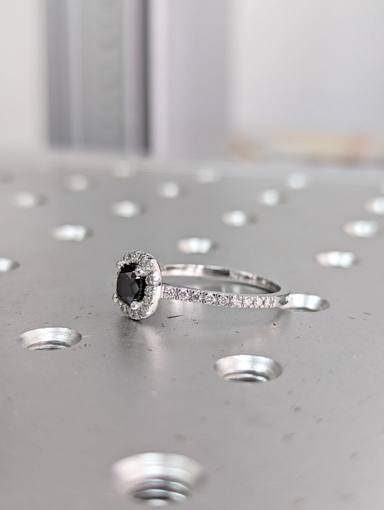 White Gold Black Diamond Cushion Cut And Diamond Halo Ring (1/4 Ct. Tw.) Open Basket Pave Halo Cushion Shaped Halo Rey