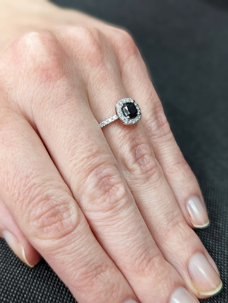 White Gold Black Diamond Cushion Cut And Diamond Halo Ring (1/4 Ct. Tw.) Open Basket Pave Halo Cushion Shaped Halo Rey