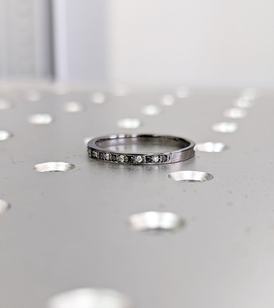 Black and White Diamond Half Eternity Ring / Handmade Black Gold Diamond Band / 14k & 18k Stacking Ring Available in Yellow/Rose/White Gold