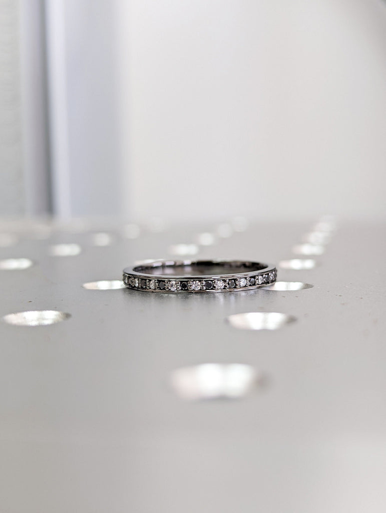 Black and White Diamond Half Eternity Ring / Handmade Black Gold Diamond Band / 14k & 18k Stacking Ring Available in Yellow/Rose/White Gold