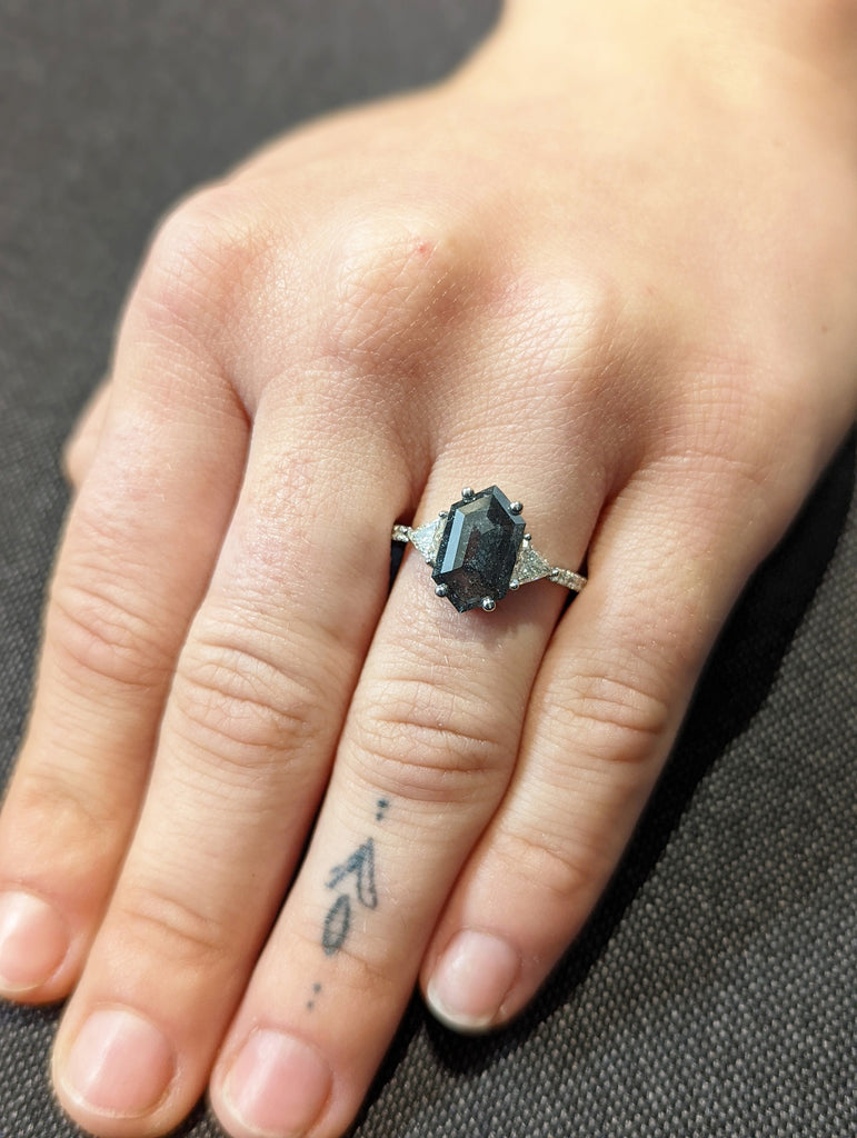 Raw Diamond Hexagon Triangle Diamond, Salt and Pepper, Unique Engagement Ring, Rose Cut Geometric Diamond Ring, 14k Gold, Custom Handmade