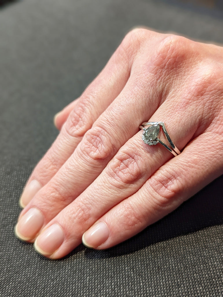 Salt and Pepper Diamond Engagement Ring | white gold ring | curved wedding band | diamond Bridal set | Anniversary gift for her