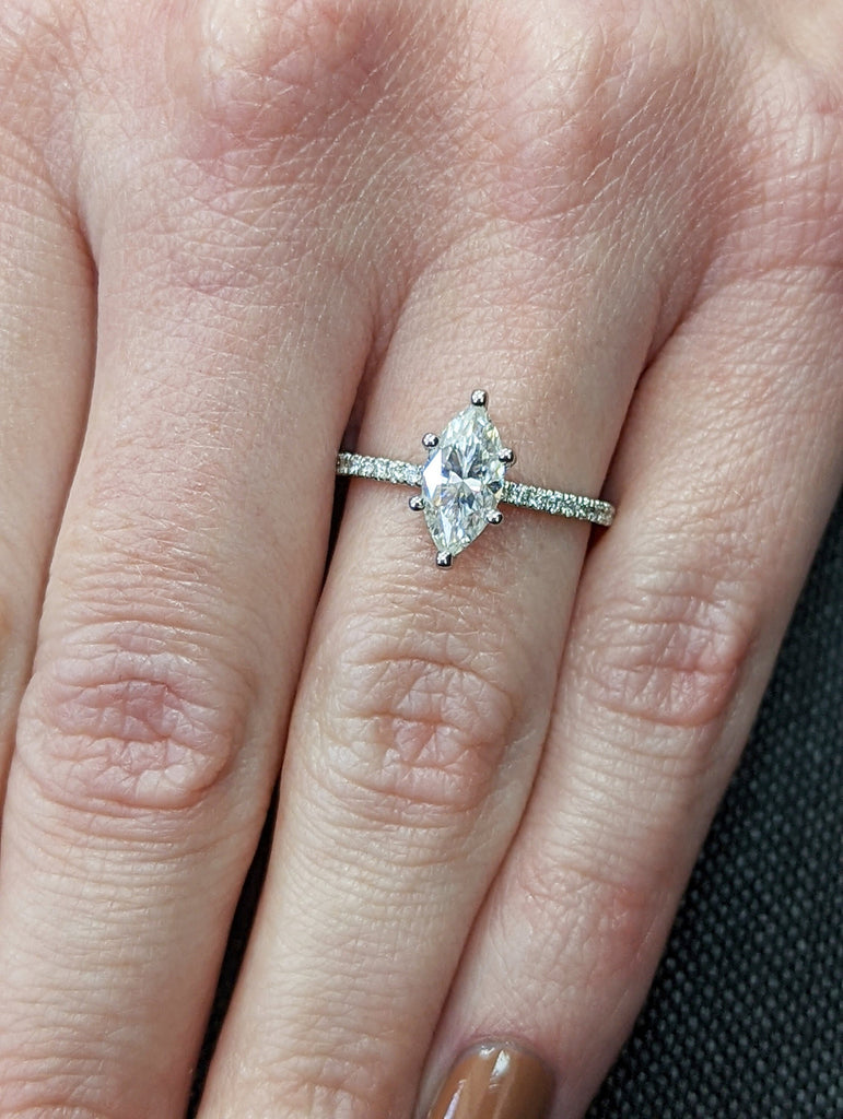 1 Carat Marquise Engagement Ring With Side Accent Stones, Wedding Ring, Anniversary Ring 14K Solid Real White Gold