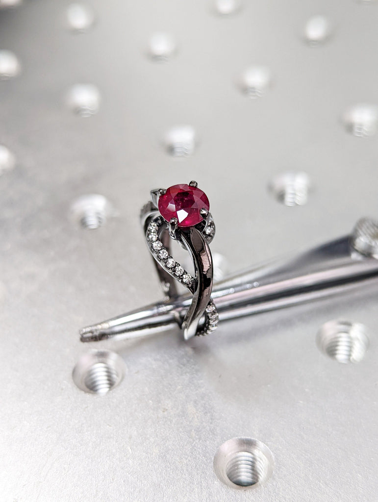 14k black gold Aubree twisted ruby and diamond ring (1/4 ct) twisted shank, scalloped pave set, high profile setting, split shank