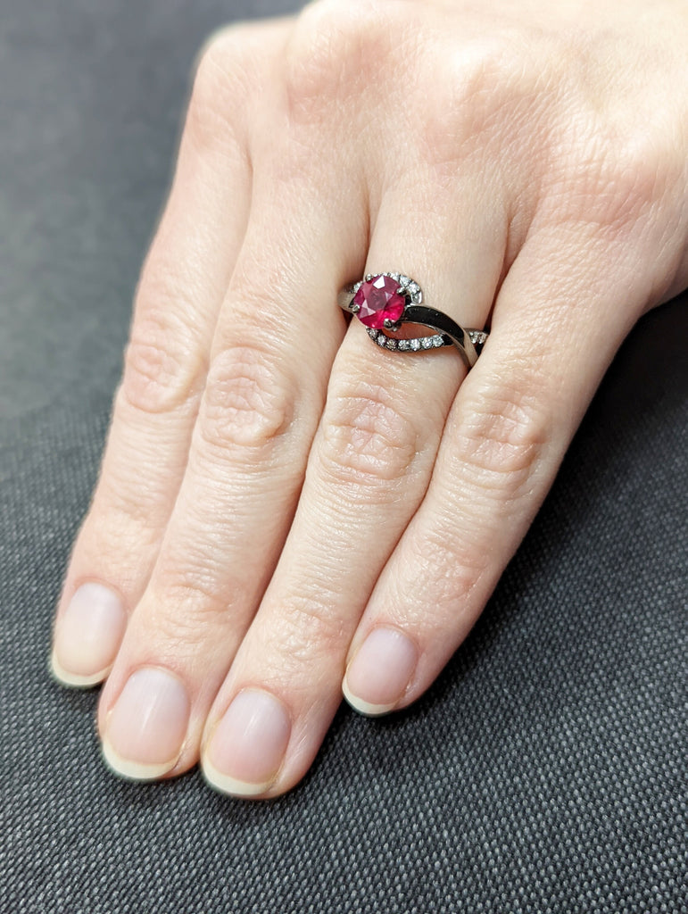 14k black gold Aubree twisted ruby and diamond ring (1/4 ct) twisted shank, scalloped pave set, high profile setting, split shank