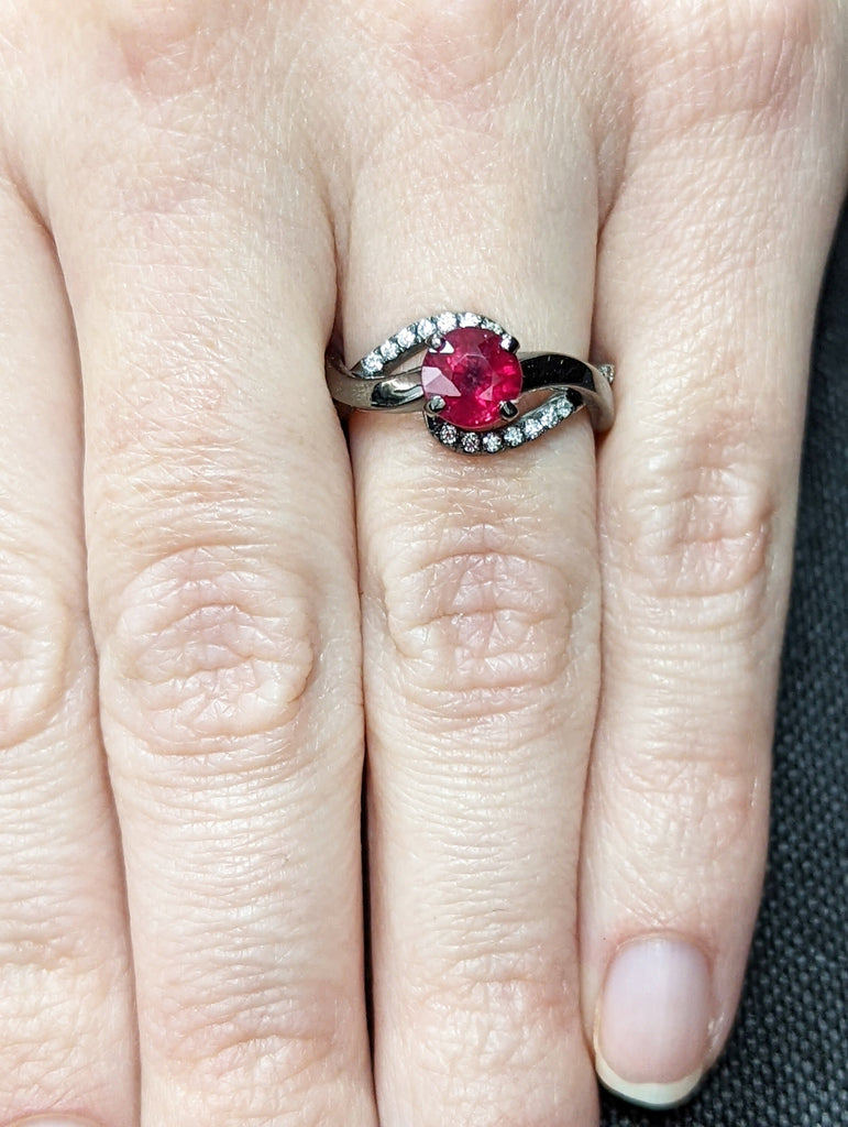 14k black gold Aubree twisted ruby and diamond ring (1/4 ct) twisted shank, scalloped pave set, high profile setting, split shank