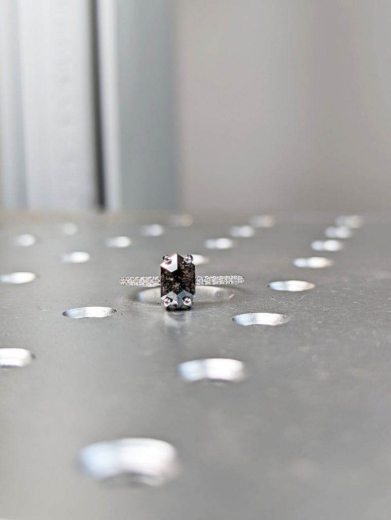 Raw Diamond Hexagon, Salt and Pepper, Unique Engagement Ring, Rose Cut Geometric Diamond Ring, 14k Gold, Custom Handmade