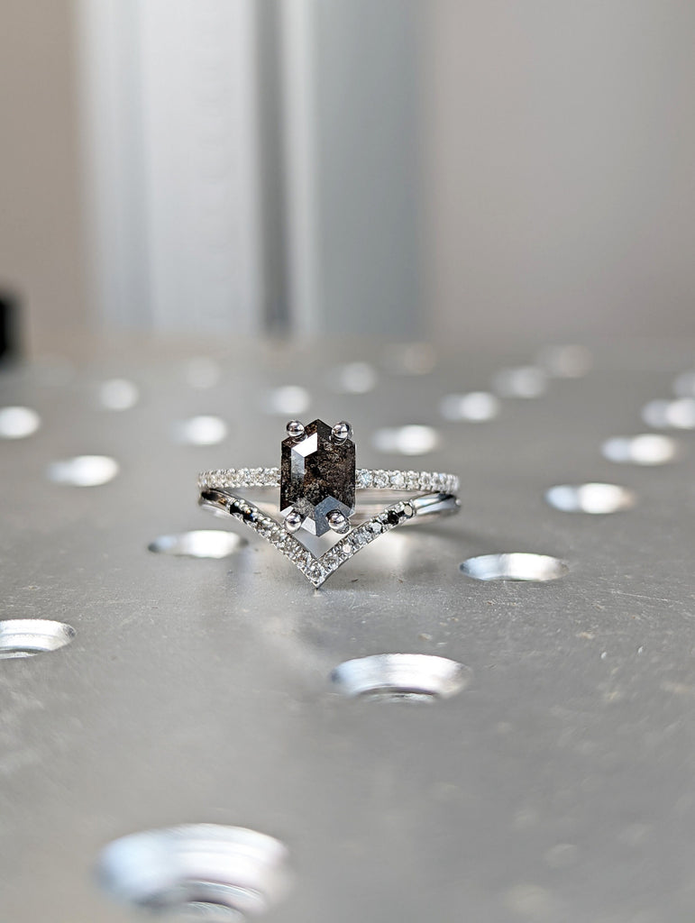 Raw Diamond Hexagon, Salt and Pepper, Unique Engagement Ring, Rose Cut Geometric Diamond Ring, 14k Gold, Custom Handmade