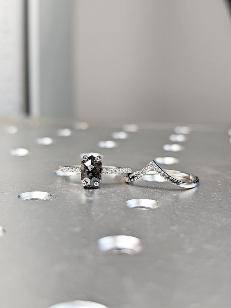 Raw Diamond Hexagon, Salt and Pepper, Unique Engagement Ring, Rose Cut Geometric Diamond Ring, 14k Gold, Custom Handmade