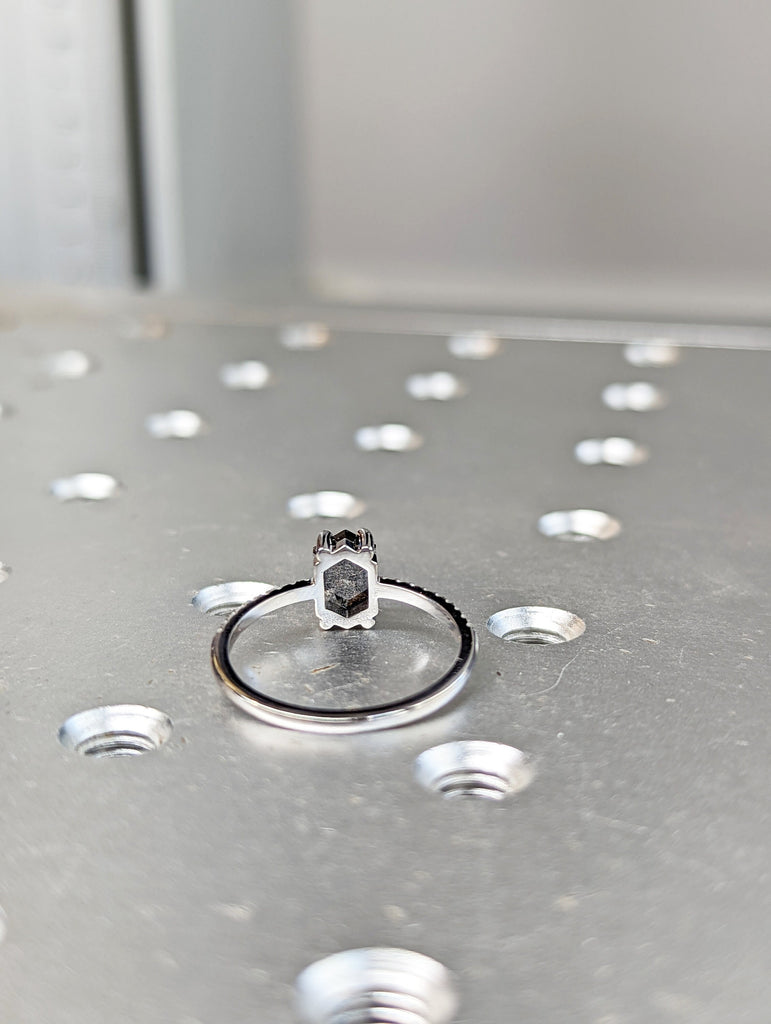 Raw Diamond Hexagon, Salt and Pepper, Unique Engagement Ring, Rose Cut Geometric Diamond Ring, 14k Gold, Custom Handmade