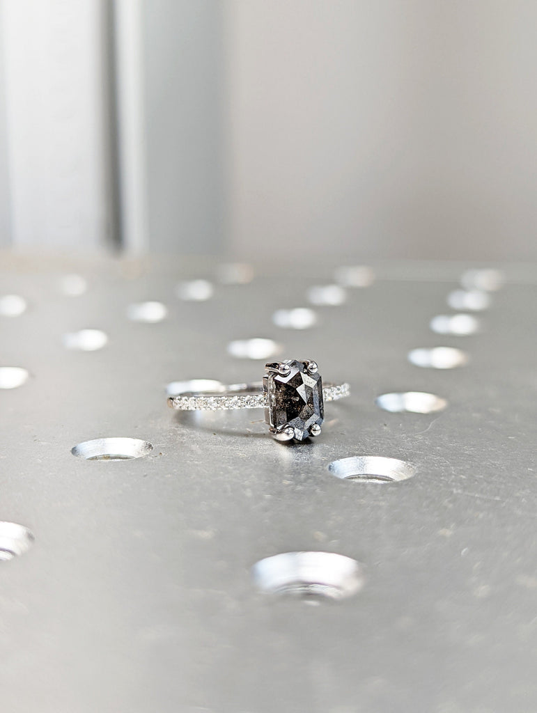 Raw Diamond Hexagon, Salt and Pepper, Unique Engagement Ring, Rose Cut Geometric Diamond Ring, 14k Gold, Custom Handmade