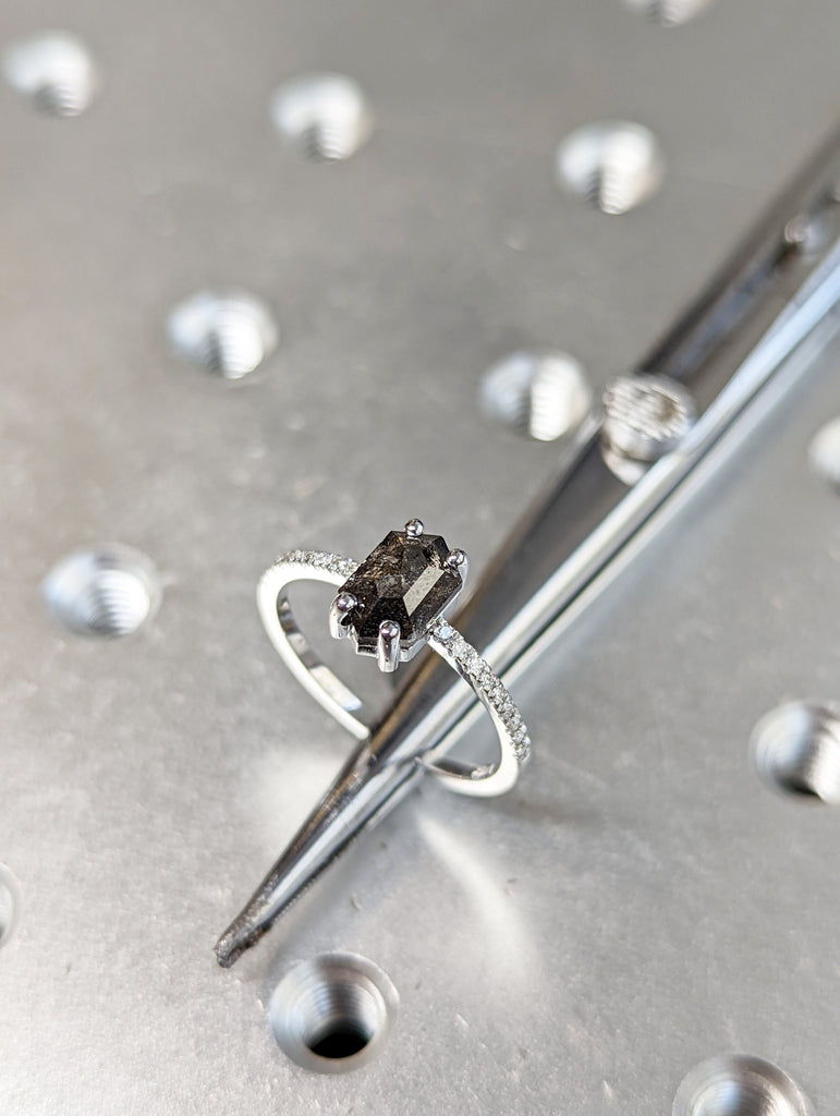 Raw Diamond Hexagon, Salt and Pepper, Unique Engagement Ring, Rose Cut Geometric Diamond Ring, 14k Gold, Custom Handmade