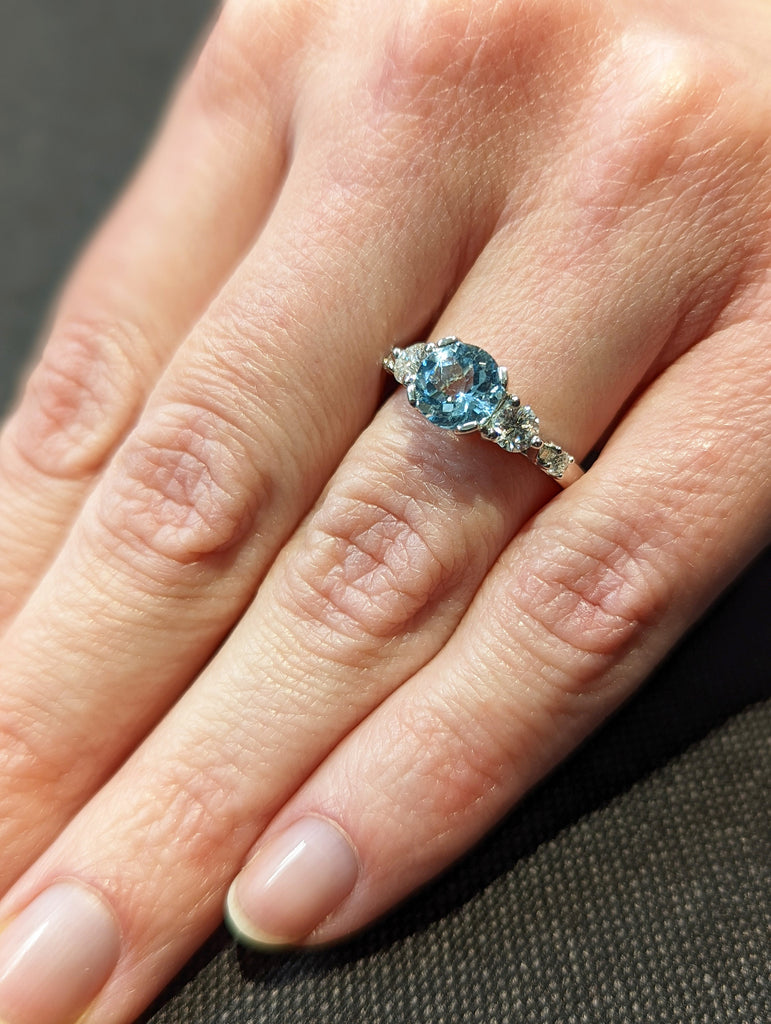 White Gold Three Stone Aquamarine And Diamond Ring (1/2 Ct. Tw.) Three Stone Setting Engagement Ring High Profile Unique Setting Brianna