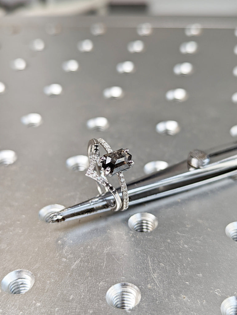 Raw Diamond Hexagon, Salt and Pepper, Unique Engagement Ring, Rose Cut Geometric Diamond Ring, 14k Gold, Custom Handmade