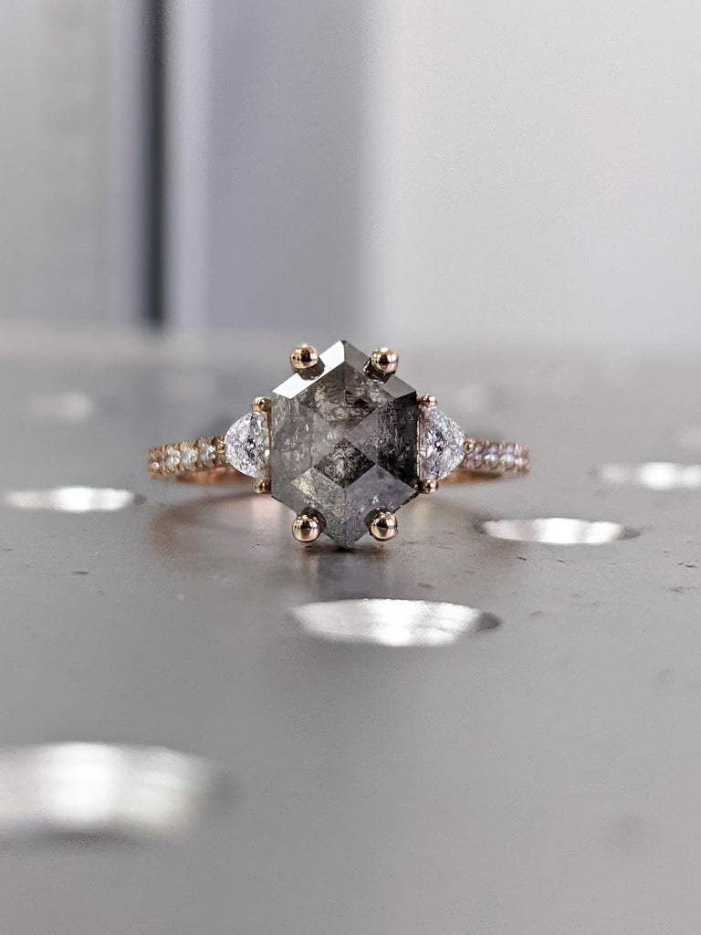 Raw Diamond Hexagon Half Moon Diamond, Salt and Pepper, Unique Engagement Ring, Rose Cut Geometric Diamond Ring, 14k Gold, Custom Handmade