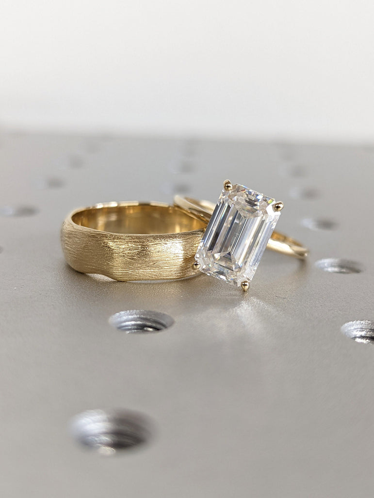4CT Emerald Cut Moissanite Solitaire Ring, 14K Yellow Gold Engagement Ring, Statement Ring, Gift For Her, Unique Bridal Set