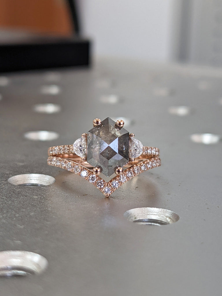 Raw Diamond Hexagon Half Moon Diamond, Salt and Pepper, Unique Engagement Ring, Rose Cut Geometric Diamond Ring, 14k Gold, Custom Handmade