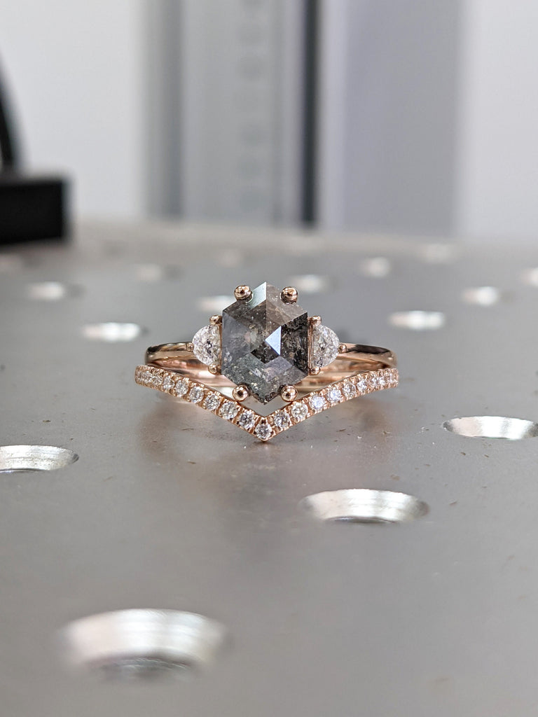 Raw Diamond Hexagon Half Moon Diamond, Salt and Pepper, Plain Unique Bridal Engagement Set, Rose Cut Geometric Diamond Ring, Custom Handmade
