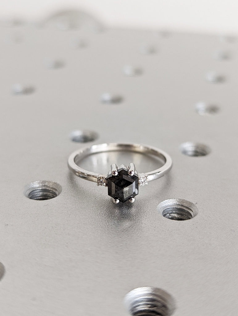 Natural Grey Diamond Wedding Ring in White Gold, Rose Gold Salt and Pepper, Unique 3 Stone Engagement Rings, Salt & Pepper Diamond