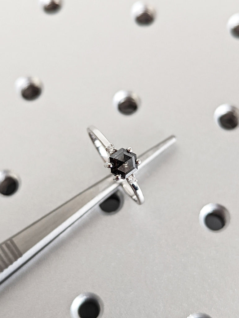 Natural Grey Diamond Wedding Ring in White Gold, Rose Gold Salt and Pepper, Unique 3 Stone Engagement Rings, Salt & Pepper Diamond