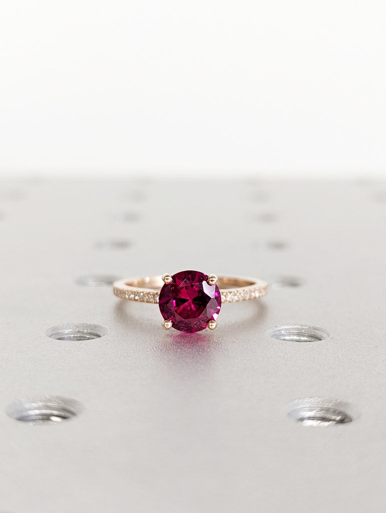 Vintage Ruby And Diamond Engagement Ring 14k Rose Gold Ruby Ring, Cathedral Setting, High Profile Prongs, Micro Pave , Petite Ring