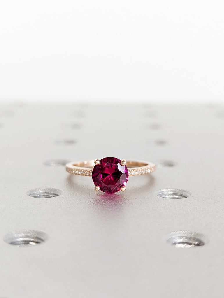 Vintage Ruby And Moissanite Engagement Ring 14k Rose Gold Ruby Ring, Cathedral Setting, High Profile Prongs, Micro Pave , Petite Ring