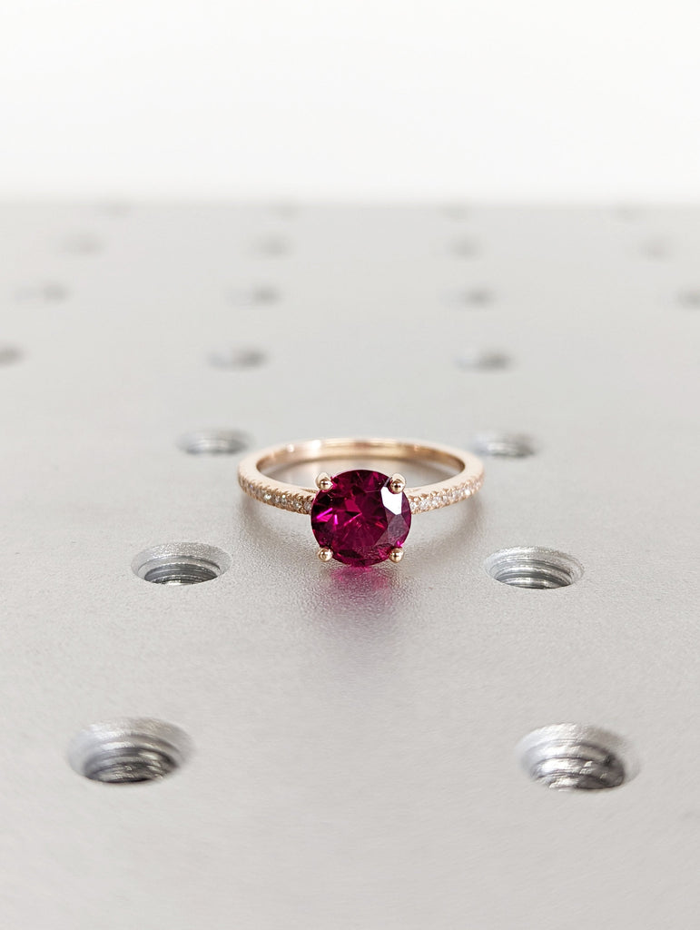 Vintage Ruby And Moissanite Engagement Ring 14k Rose Gold Ruby Ring, Cathedral Setting, High Profile Prongs, Micro Pave , Petite Ring