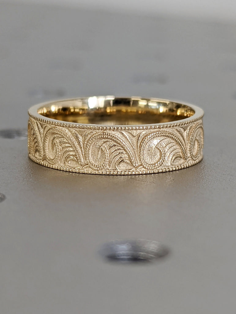 Gold Unique Engraved Wedding Ring, Art Deco Scroll Style Wedding Band, Hand Milgrain Men's Gold Ring, New Vintage 6mm Flat Wedding Ring