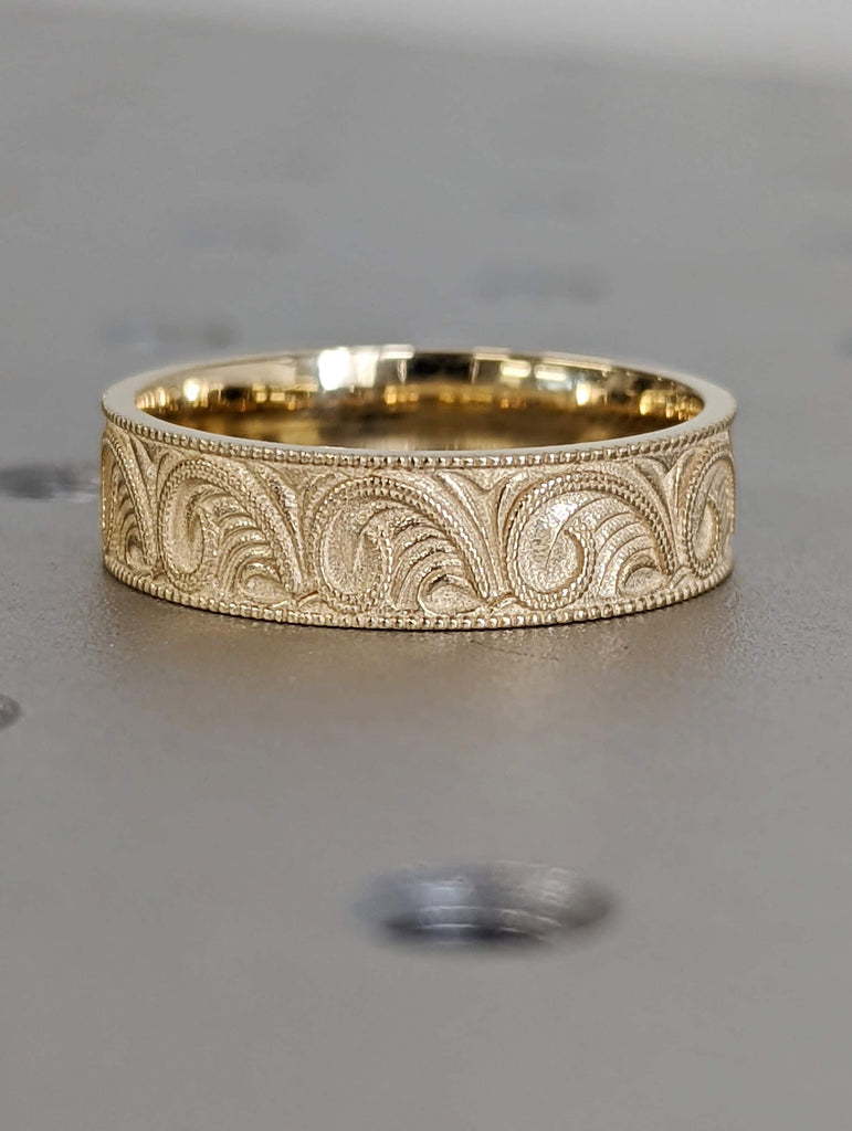 Gold Unique Engraved Wedding Ring, Art Deco Scroll Style Wedding Band, Hand Milgrain Men's Gold Ring, New Vintage 6mm Flat Wedding Ring