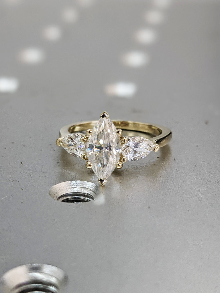 1.5 Ct Marquise Moissanite Vintage Ring, Yellow gold Custom made ring, Unique Engagement Ring