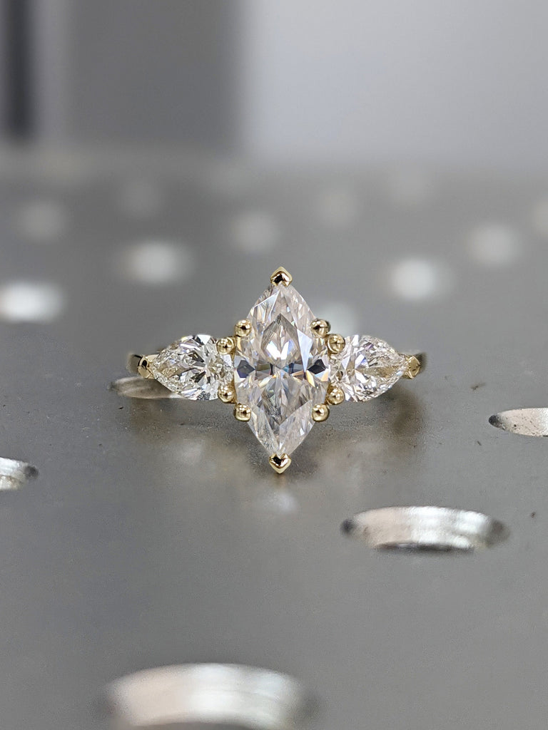 1.5 Ct Marquise Moissanite Vintage Ring, Yellow gold Custom made ring, Unique Engagement Ring