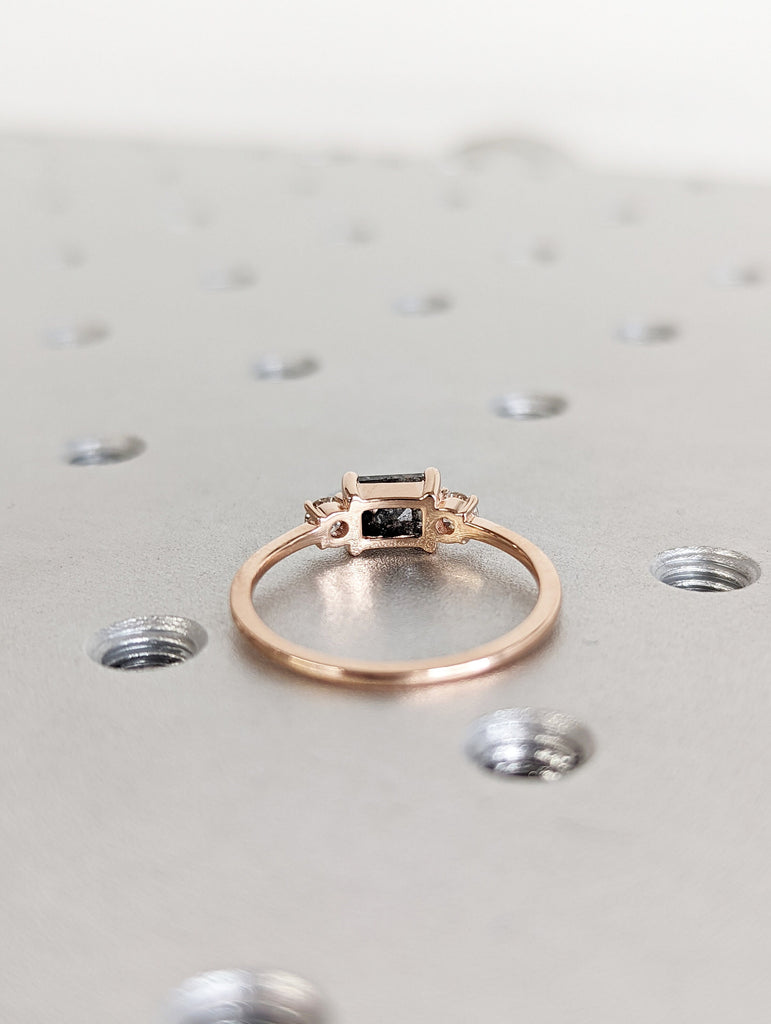Emerald Baguette Raw Salt and Pepper Diamond Gold Engagement Ring Art Deco 1920's Inspired Thin Petite Band 14k Unique Ring for Her