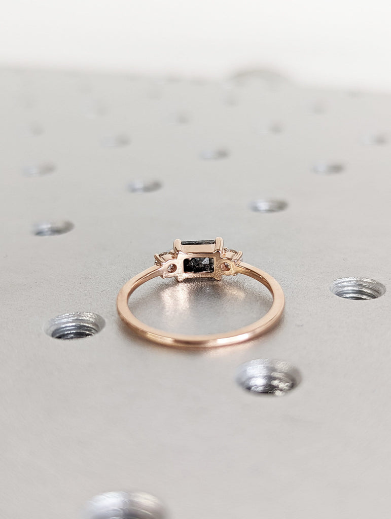 Emerald Baguette Raw Salt and Pepper Diamond Gold Engagement Ring Art Deco 1920's Inspired Thin Petite Band 14k Unique Ring for Her