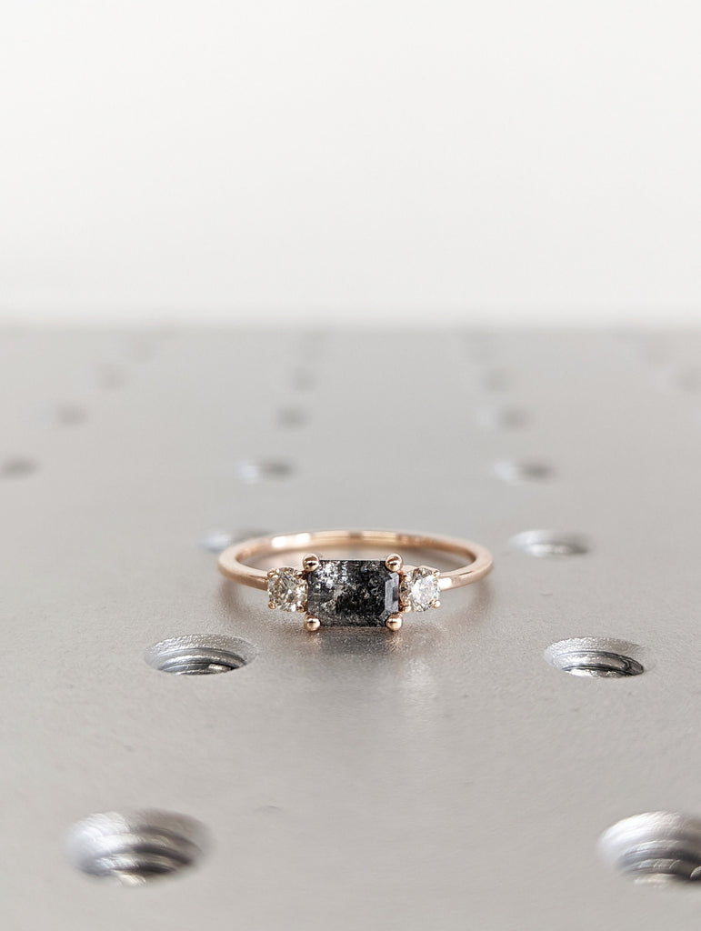 Emerald Baguette Raw Salt and Pepper Diamond Gold Engagement Ring Art Deco 1920's Inspired Thin Petite Band 14k Unique Ring for Her