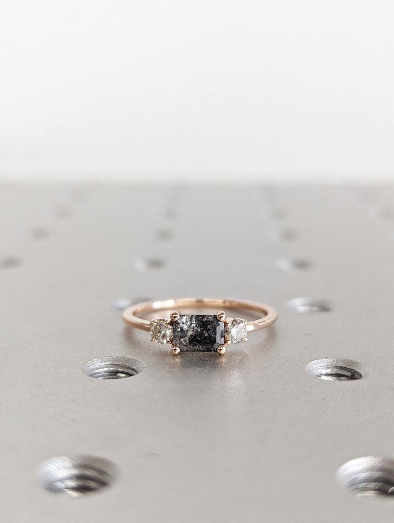 Emerald Baguette Raw Salt and Pepper Diamond Gold Engagement Ring Art Deco 1920's Inspired Thin Petite Band 14k Unique Ring for Her