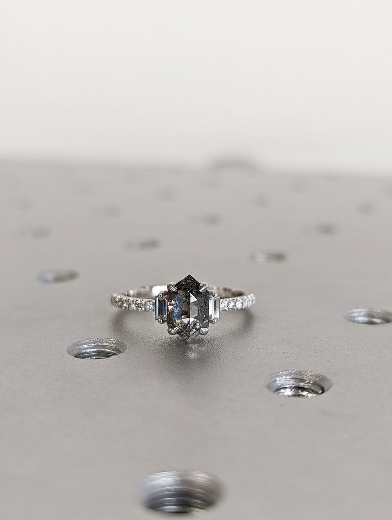 Raw Diamond Hexagon Baguette Diamond, Salt and Pepper, Unique Engagement Ring, Rose Cut Geometric Diamond Ring, 14k Gold, Custom Handmade