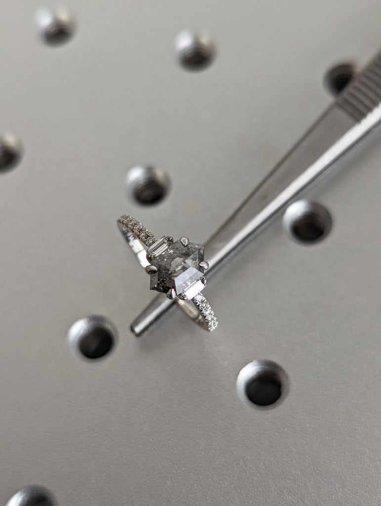Raw Diamond Hexagon Baguette Diamond, Salt and Pepper, Unique Engagement Ring, Rose Cut Geometric Diamond Ring, 14k Gold, Custom Handmade