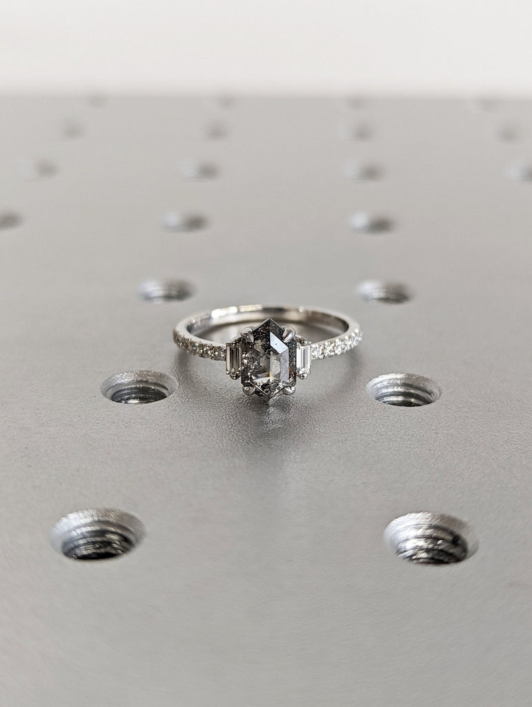 Raw Diamond Hexagon Baguette Diamond, Salt and Pepper, Unique Engagement Ring, Rose Cut Geometric Diamond Ring, 14k Gold, Custom Handmade